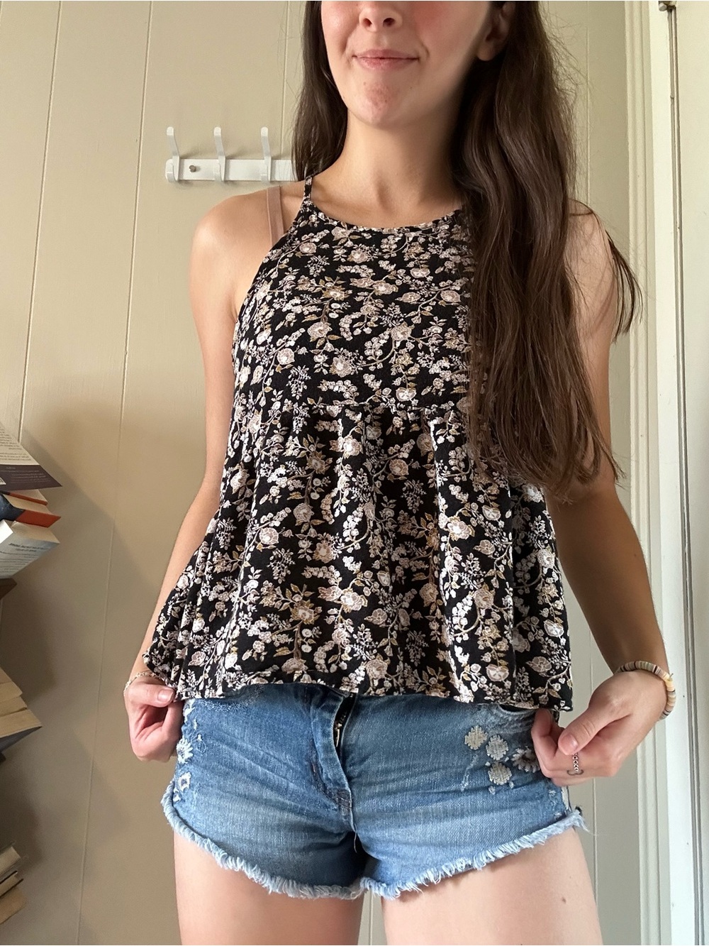 American Eagle Outfitters Black Floral Sleeveless Peplum Tank